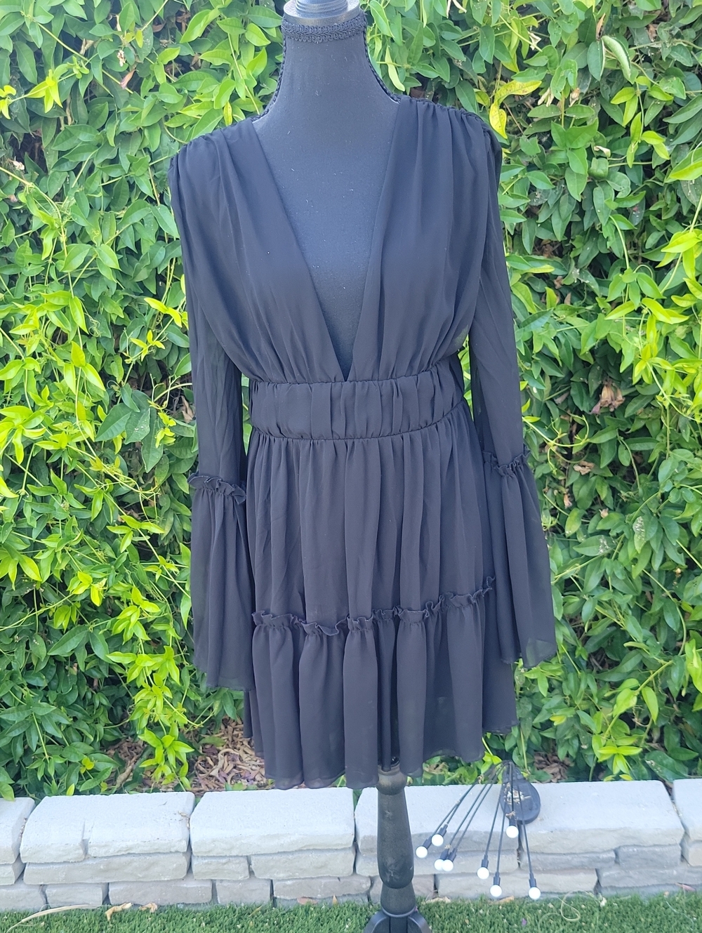 Black Deep V Whimsigoth Tiered Ruffle Flowy Sheer Sleeve Mini Dress L